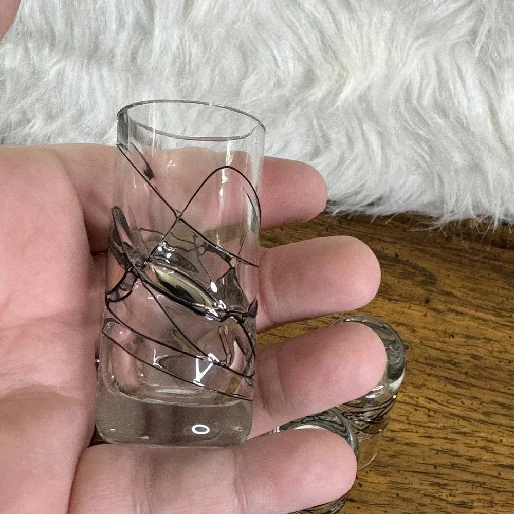 (5) Glass Vintage Shot Glasses‎ Barware Mosaic Silver Crackle